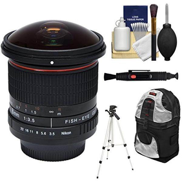 Vivitar 8mm f/3.5 Fisheye Lens with Sling Backpack + Tripod + Kit for Nikon D3200, D3300, D3400, D5300, D5500, D7100, D7200 DSLR Cameras - intl