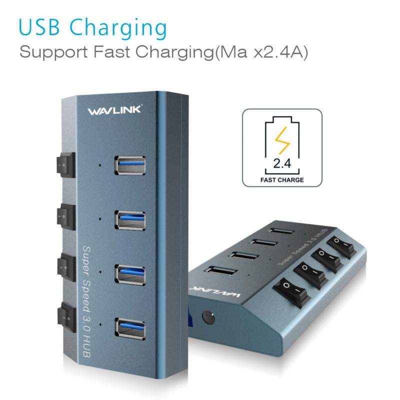 Wavlink Aluminum 4-Port USB 3.0 Hub, 3 USB 3.0 +1 Fast Charging with Individual Switches, LEDs, 2.6ft Extension Cable, 20V/4A Power Adapter for PCs, Ultrobooks, Macbook, etc