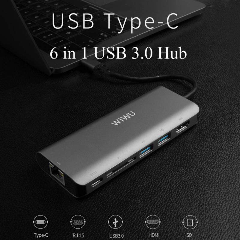 WIWU 6 in 1 USB 3.0 Hub for MacBook Pro Air Multi function USB Type C 4K Video HDMI/RJ45 USB Hub 3.0 Adapter Charging Port Hubs(Grey)