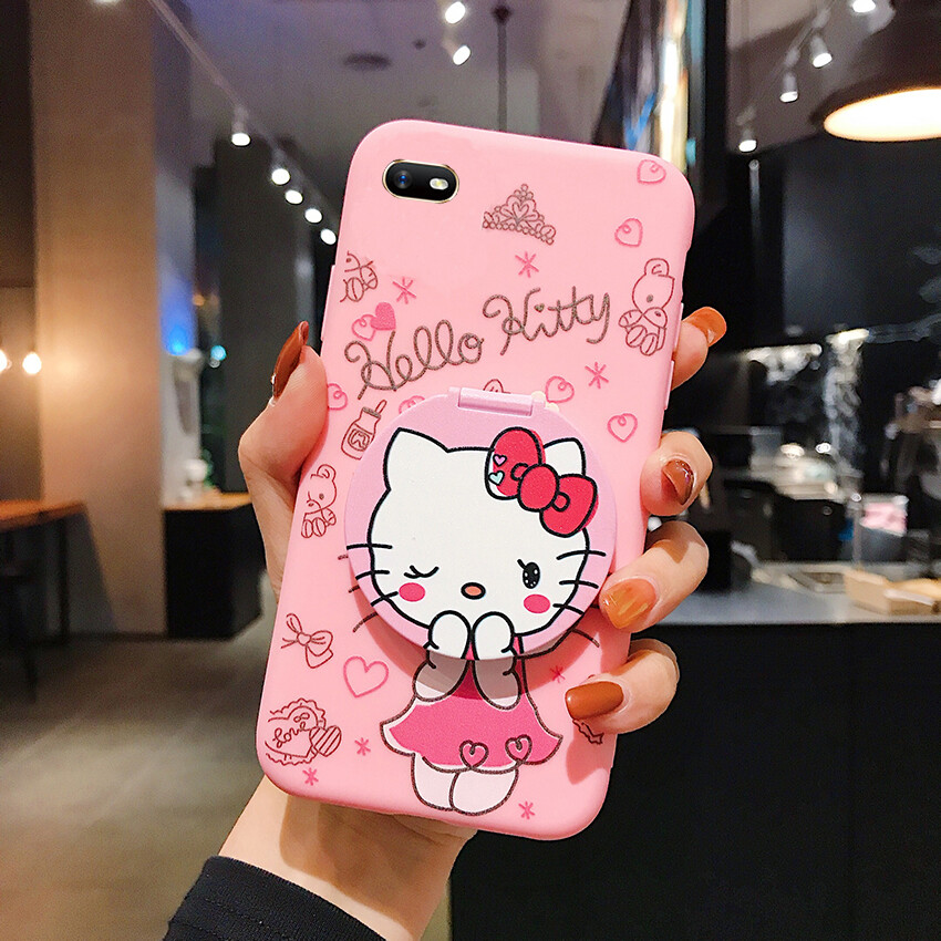 For Realme C2 OPPO A1K A57 2022 A17 A77s A96 A76 A55 A54 A16 A16s A15 A15s A77 5G Hello Kitty Pink Case Makeup Mirror Stand Holder Cover Case Fashion Cute 3D Cartoon Hello Kitty Phone Case Soft Silicone Phone Casing TPU Case Back Cover Phonecase