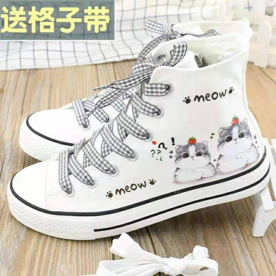 Giày Cao Cổ Mới SGSQ8666 Giày Vải Giày Trắng Giày Đế Bằng Nữ Hàn Quốc Phong Cách Đa Năng Của Sinh Viên Sneakers, Mèo Suy Nghĩ Cô Gái Dễ Thương