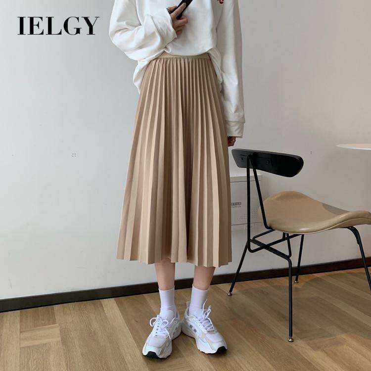 IELGY Autumn Solid color Pleated Long Fashionable High waist Women's skirt A-line All-match
