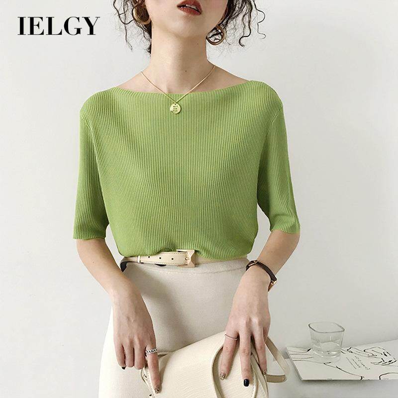 IELGY multi-color optional tops stretchy sweaters ice silk knitted T-shirts sleeves sweet one-word collar Japan and South Korea