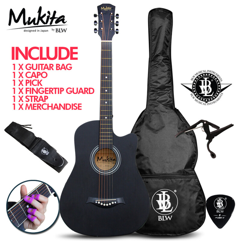Mukita by BLW Standard Acoustic Folk Cutaway Basic Guitar Package 38 Inch for beginners with Bag, Capo, Fingertip Guard, Pick and Merchandise Sticker Malaysia