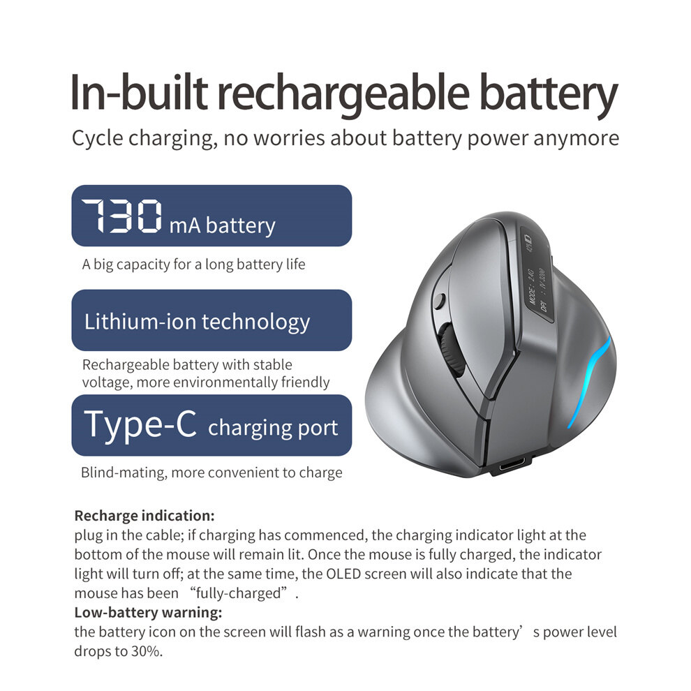 Jomaa Chuột công thái học 2.4G Có Thể Sạc Lại Chuột chơi game chuột bluetooth không dây Sạc Hiển Thị Chuột chế độ kép Chuột đứng không dây chuột câm Cho máy tính bảng Mac Windows IOS