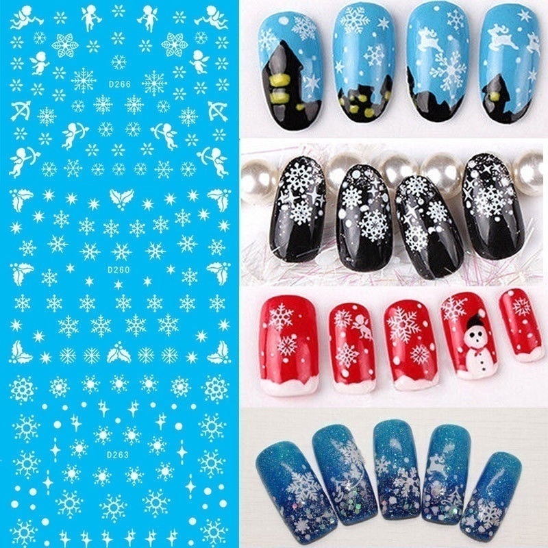 11 Sheets/set 3D Nail Sticker Christmas Theme Pattern Mixed Deer/Snowflake Nail Tips DIY Decoration Sticker White Blue Xmas Reindeer Feather Self-adhesive