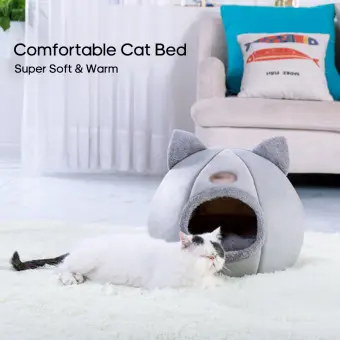 Warm Cat Bed Winter Soft Comfortable Pet Nest Indoor Semi Enclosed