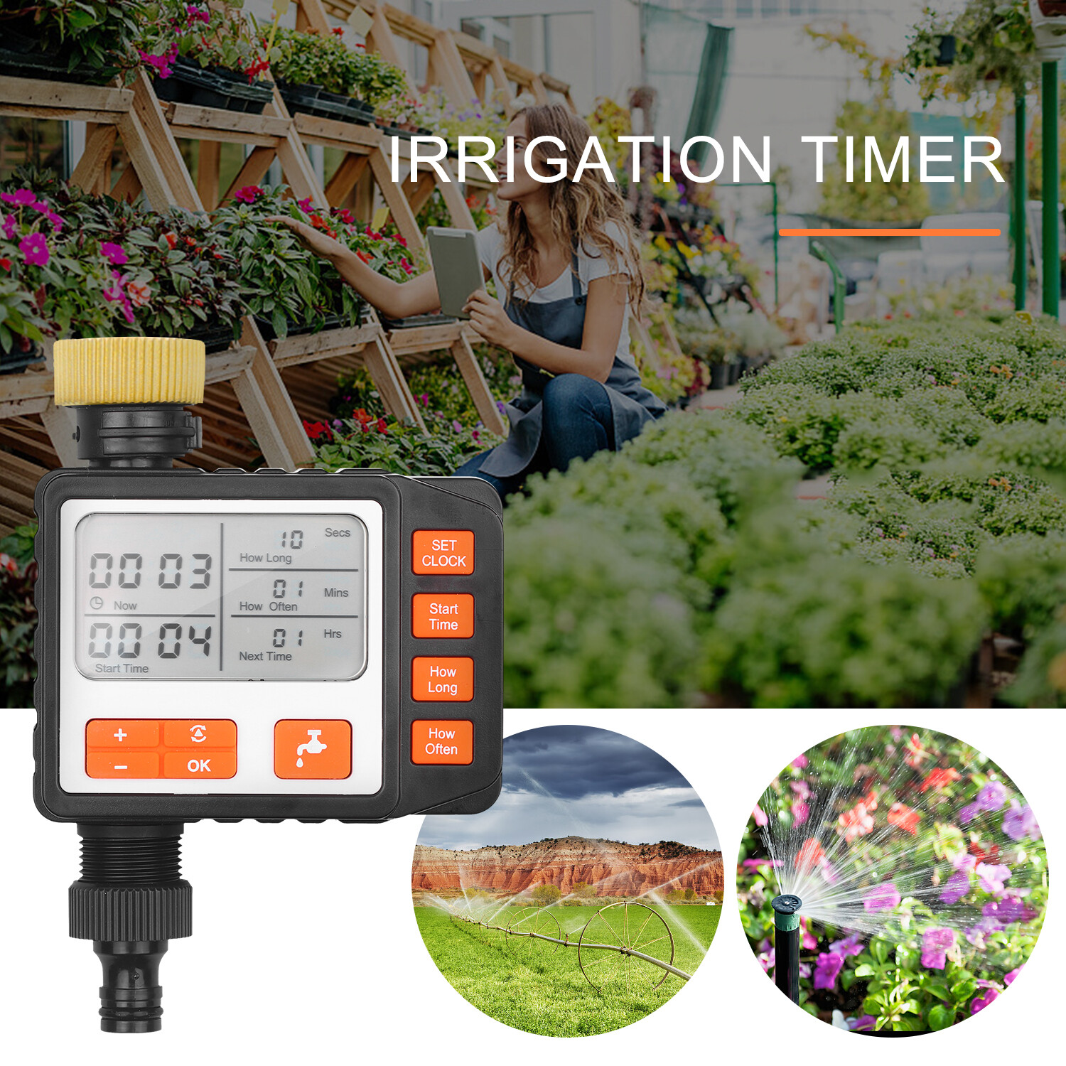Digital Water Timer Programmable Outdoor Single Outlet Automatic On Off Water Faucet Hose Timer Irrigation System Controller with Manual Mode 3in Large Screen