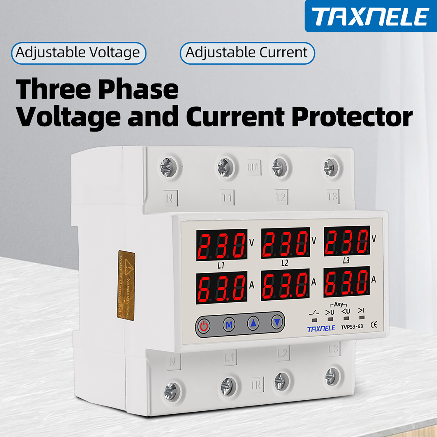 Three Phase Voltage Current Relay Protector 100A 63A 220V 380V 3P Over Under Voltage Relay Current Limiter Adjustable Protect
