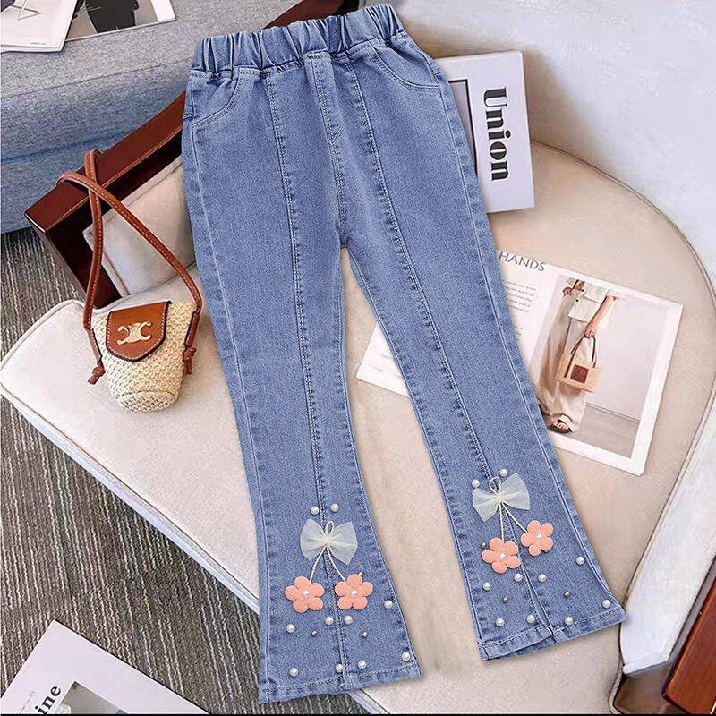Angugu Pearl Piggy Girls' Denim Wide Leg Pants 2023 New Medium and Big Kids Casual Long Pants 120 130 140 150 160 cm