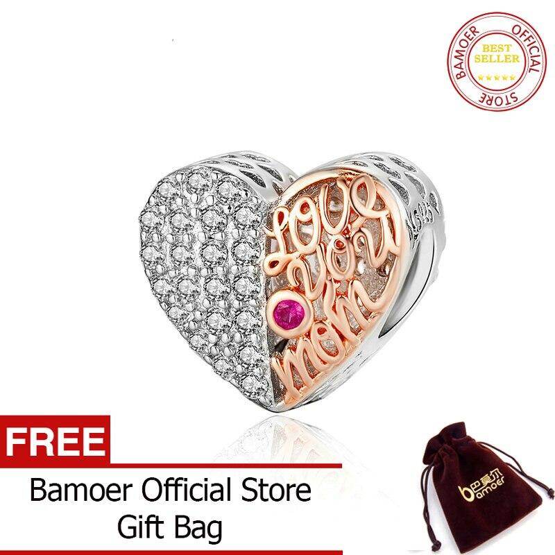 BAMOER Biocolor Heart-shape Beads for Original Silver Charm Bracelet 925 Sterling Silver Mom Heart Openwork Metal Bead SCC1173