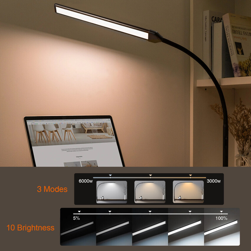 Toolour LED Desk Lamp With Clamp, Swing Arm Desk Light With Touch Control, Wide Coverage Area Table Light, Eye-Care Architect Task Lamp, 3 Modes 10 Brightness, Adaptor Powered Table Lamp For Student
