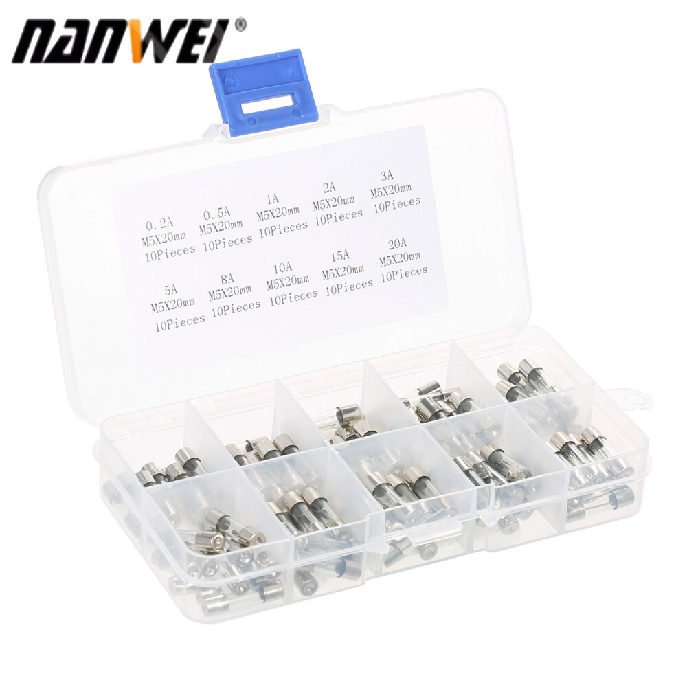 Nanwei 100pcs 5x20mm fast-blow glass tube fuses assorted kit amp 0.2a 0.5a 1a 2a 3a 5a 8a 10a 15a 20a