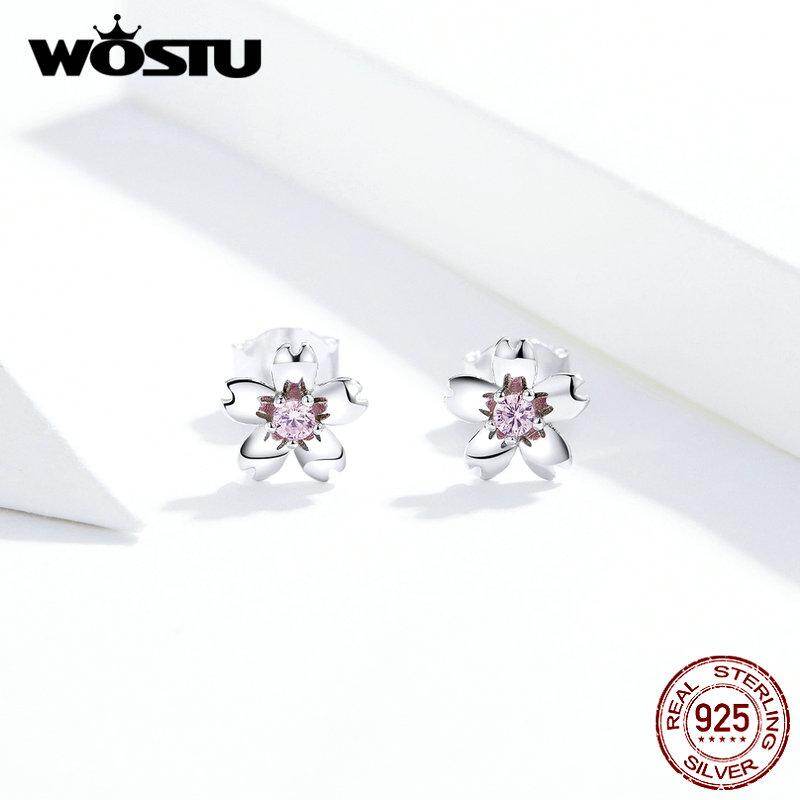 WOSTU Free Shipping Pink Cherry Flower Stud Earrings for Women 925 Sterling Silver Cute Korean Girls Earings Accessories Oreilles ZBSCE784 Nov1