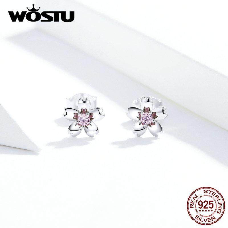 Wostu Miễn Phí Vận Chuyển Bông Tai Nụ Hình Hoa Anh Đào Màu Hồng Dành Cho Nữ 925 Sterling Silver Bông Tai Cô Gái Hàn Quốc Dễ Thương Phụ Kiện Orilles Novnom1