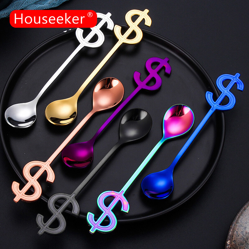 Houseeker Dollar Coffee Spoon Stainless Steel Gold Long Handle Tea Dessert Ice Cream Spoons Tableware Coffee Accessories