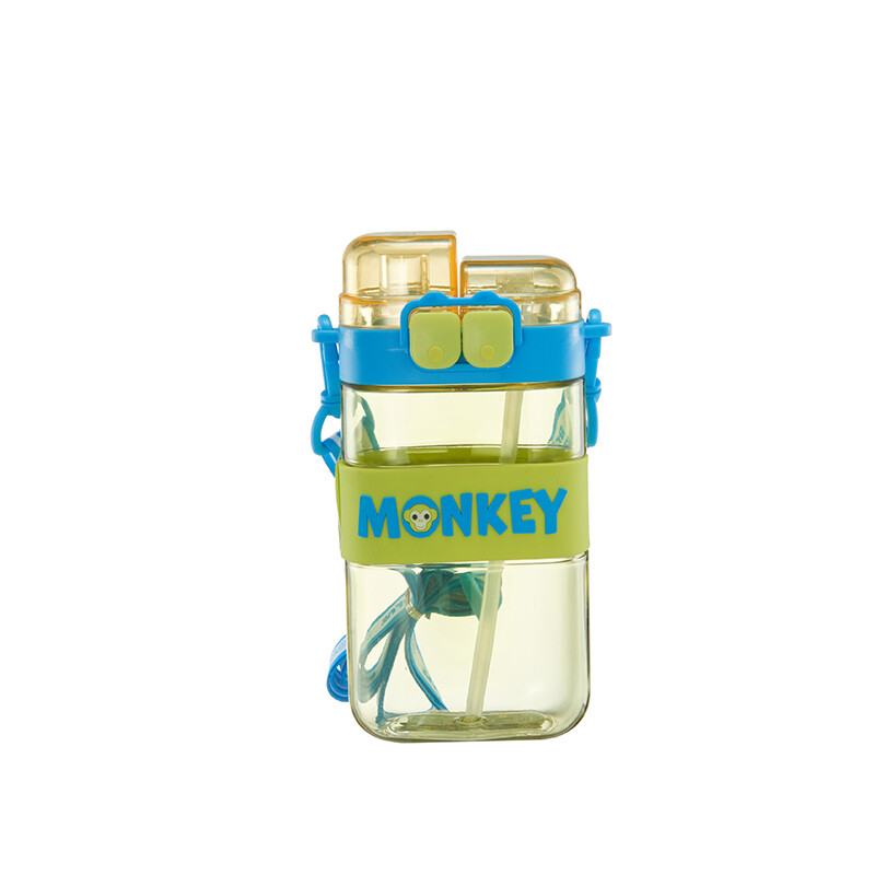 Plastic Water Cup Portable Double Drinking Strap Kids Cute Cartoon Straw Water Cup