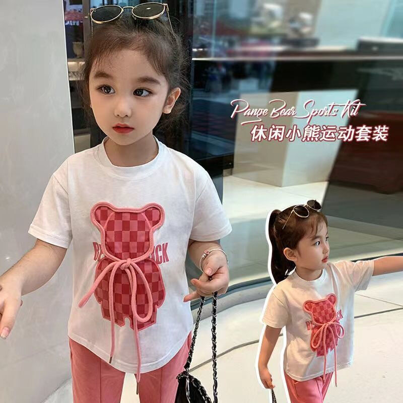 New Girls' Suit Children's Summer Cartoon T-Shirt Bye Bye Western Flared Pants Short Sleeve Two-piece Set，girls clothes