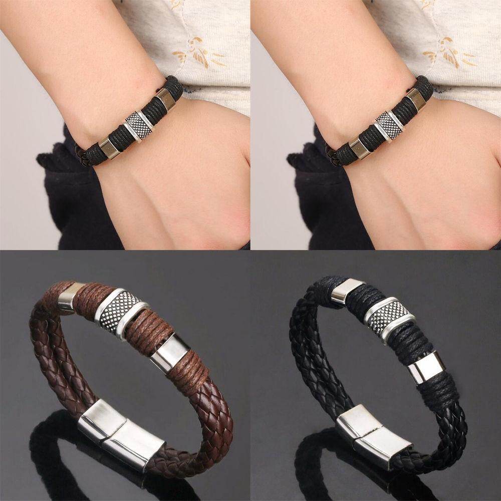 Fashion Men Women Leather Titanium Steel Braided Clasp Bracelet Bangle Retro Jewelry