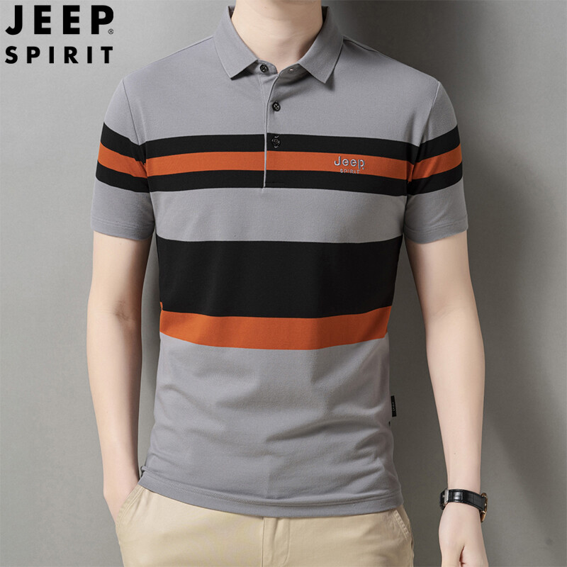 Jeep spirit men's polo shirt short sleeve polo stripe t-shirt loose cotton embroidery short sleeve polo shirt business casual black t-shirt