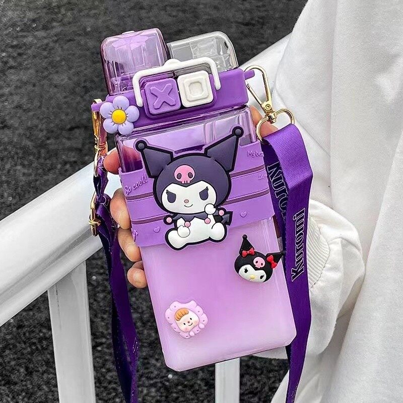 Cốc nước Sanrio hoạt hình có nắp bật lên Chai ống hút nhựa trẻ em hai bình đựng nước uống sáng tạo cốc vuông sinh viên cầm tay ngoài trời