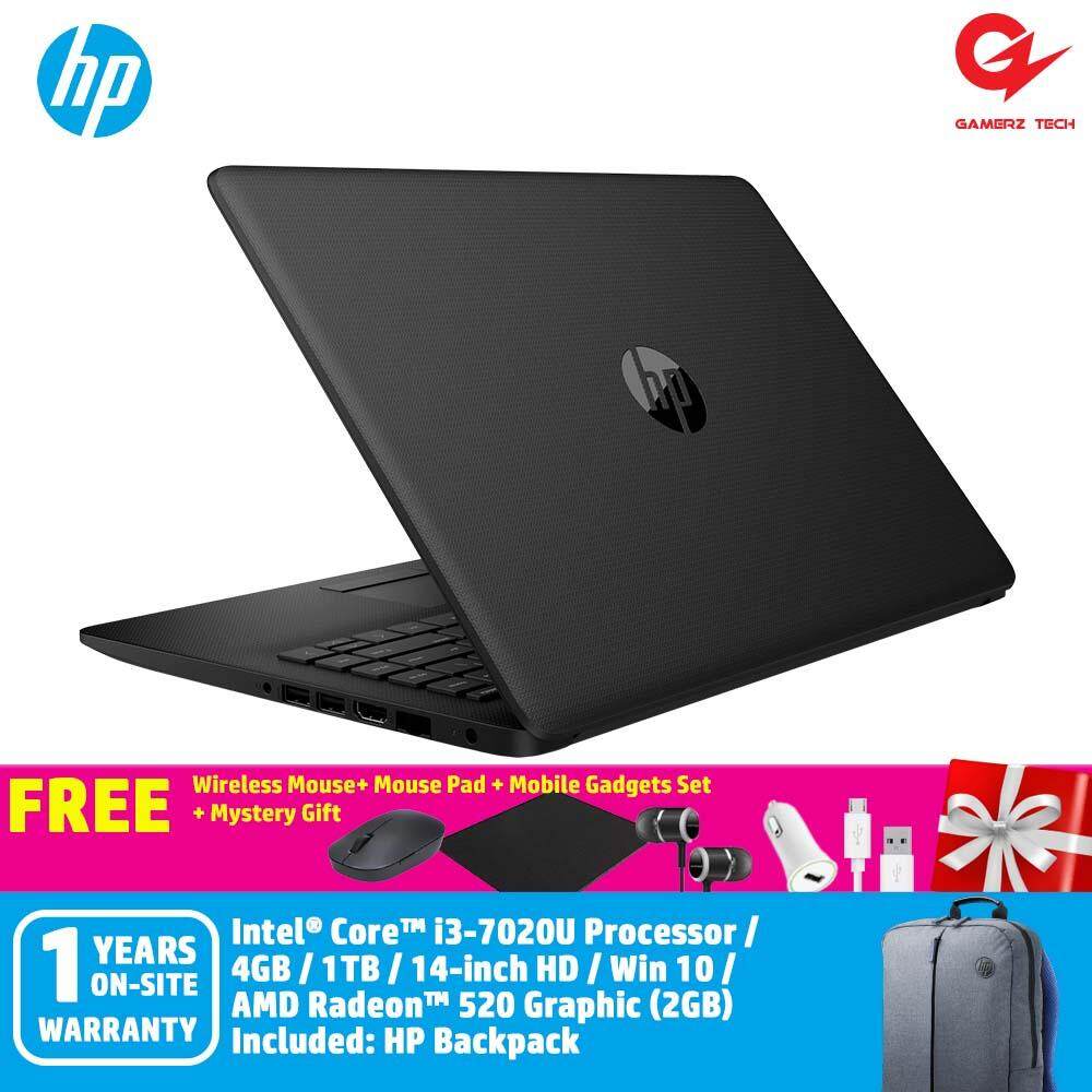 HP 14-ck0020TX Notebook Jet Black /i3-7020U/4GB/1TB + Free Wireless Mouse + Mouse Pad + Mobiles Gadget Set + Mystery Gift Malaysia