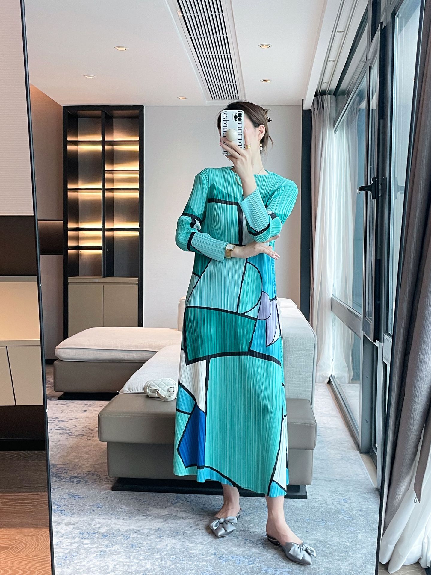 Pleated Fashion Geometry Pattern Pattern Printed Dress Slim Fit Temperament Dress Female #92525