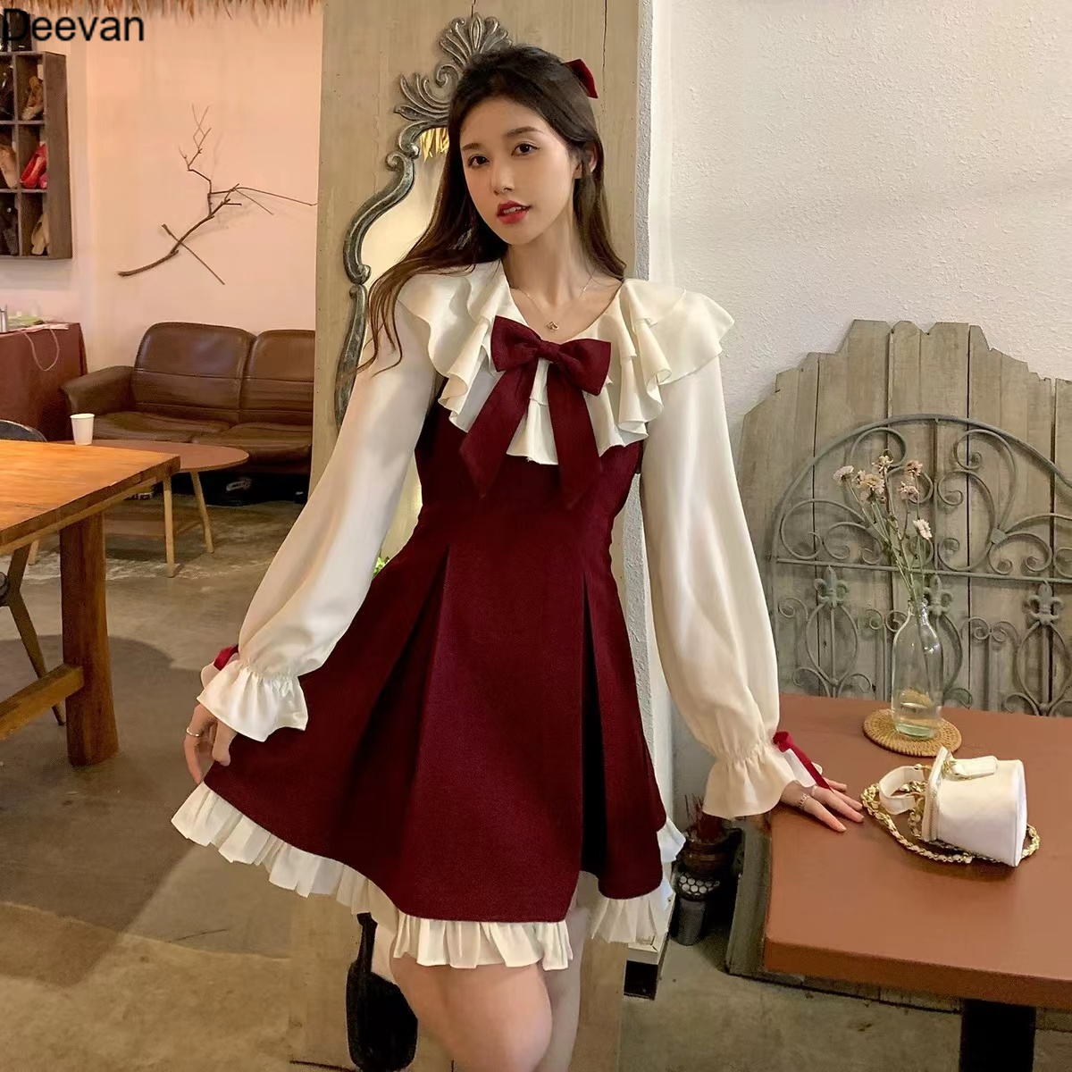 Deevan 1591774321 Đầm nữ dáng chữ A đính nơ kiểu Pháp phong cách học sinh mặc tết/ noel thời trang thu đông màu đỏ ngọt ngào STF