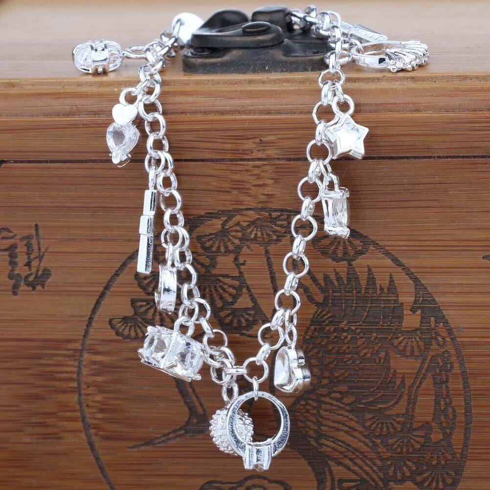 Cross Key Stars Heart Shaped Bracelets 13 hanging pieces Charm 925 Silver Pendant String The More Style Personality Bracelet For Women Jewelry Gift For Christmas New Year - intl