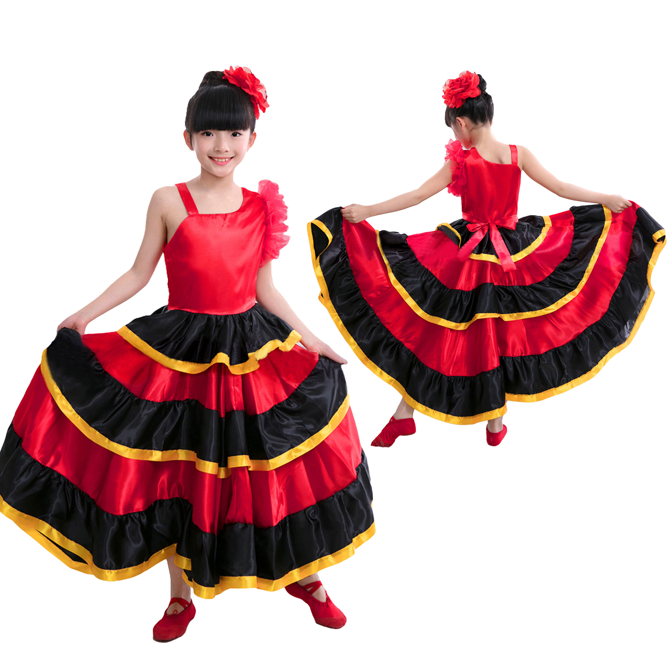 Lolanta Kids Girls Red Spanish Flamenco Dress Belly Dance Costume