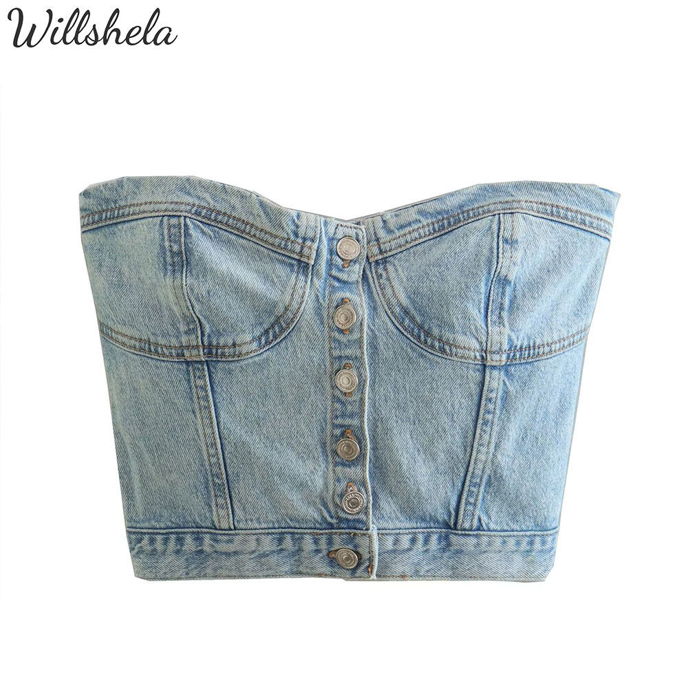 ＜927＞Willshela Áo nữ denim cắt ngang vai áo ba lỗ áo nịt ngực nữ quần bò ngắn yếm nữ sang trọng