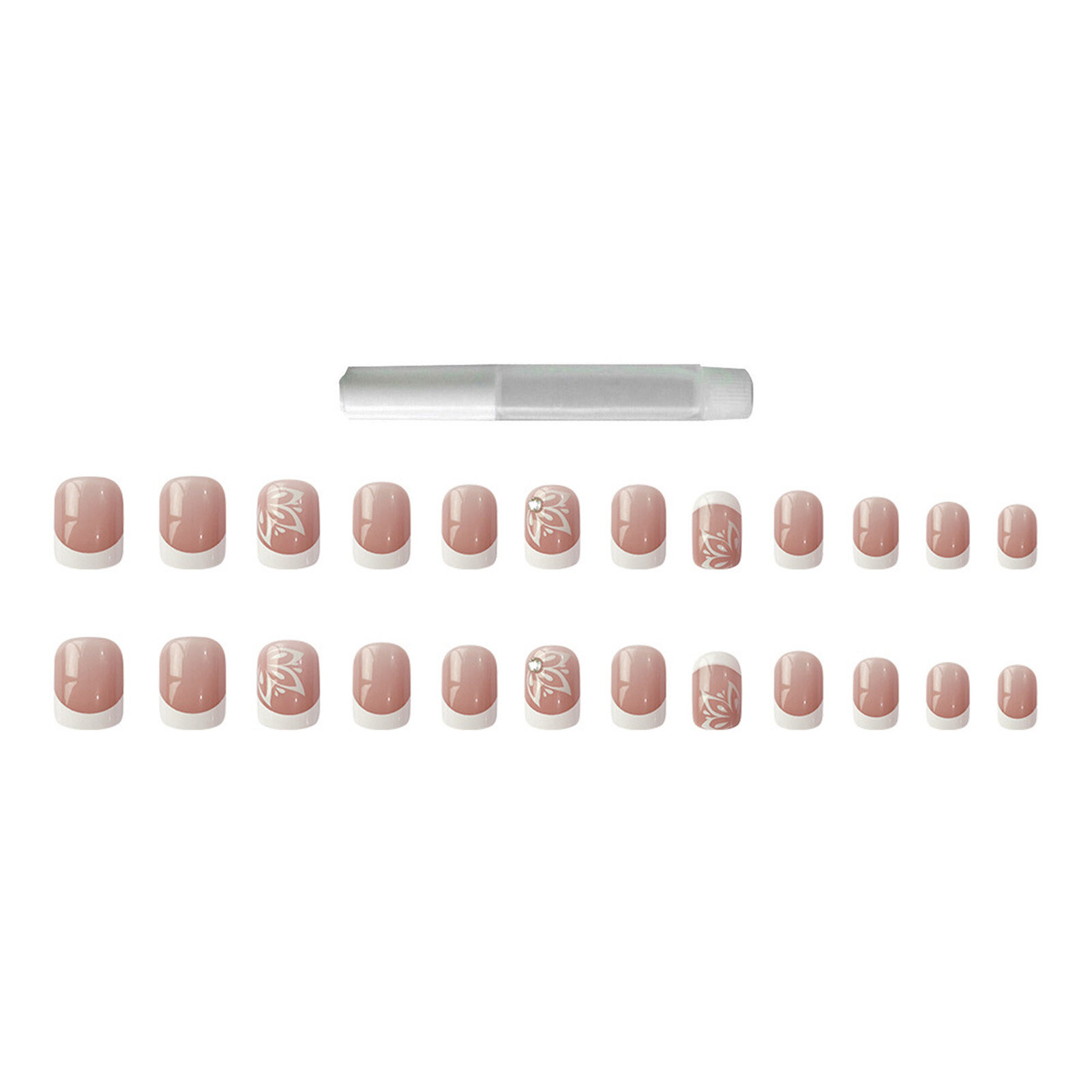 Zhixin 1 Set Fake Nail Harmless Full Cover Gloss DIY with Glue French Style Pistil Skin Color Nail Extension Short Tips Nail Salon Supply Short False Nail