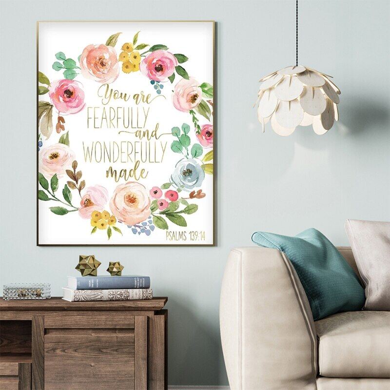 Children's Room Decoration Bible Verses Poems Kindergarten Wall Art Canvas Canvas Painting Watercolor Flower Canvas printing Girl Room