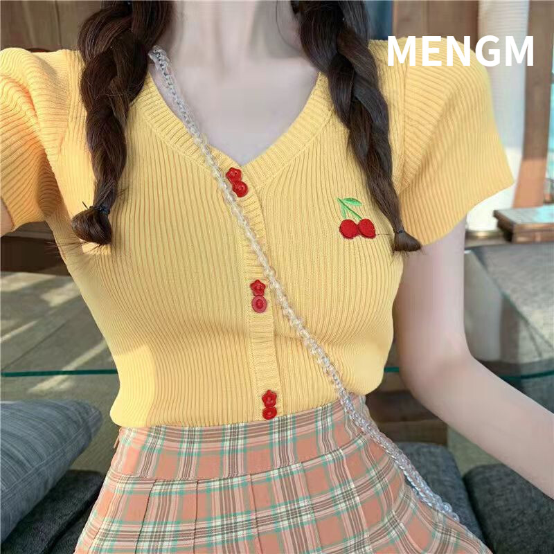 Korean Style Cherry Embroidered Knit Sweater Slim Bottoming Short Sleeves