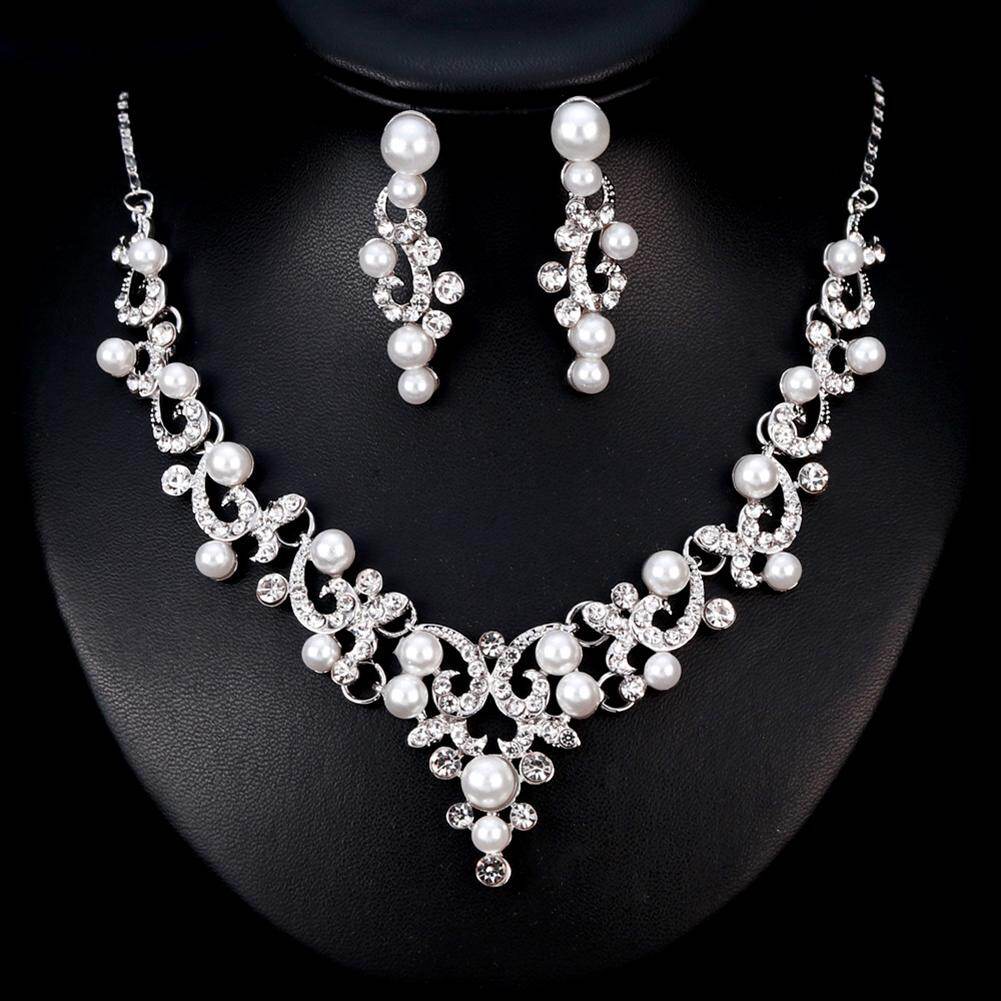 Gravitational wave Fashion Alloy Rhinestone Faux Pearl Necklace Earrings Women Bride Jewelry Set