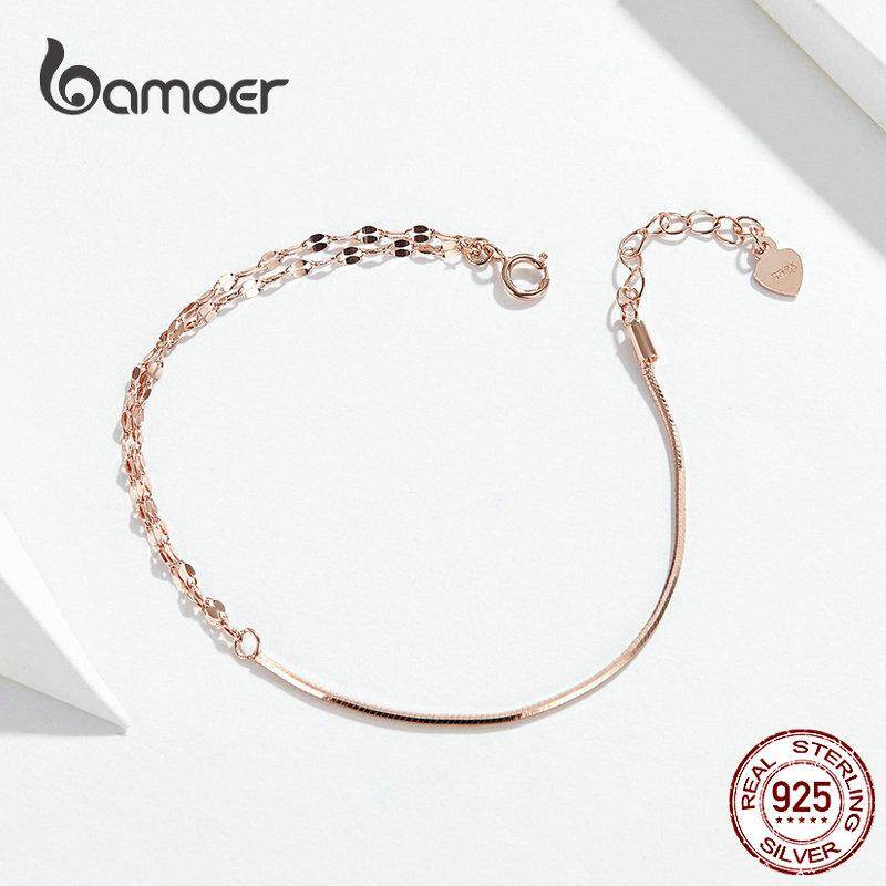 BAMOER Vòng Tay Bạc Màu Vàng Hồng Cơ Bản Hộp Cáp Vòng Tay Khóa Tôm Hùm Dây Xích Trang Sức Bạc Ý Phù Hợp Với Joker SCB149