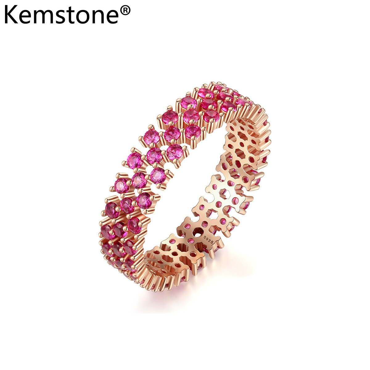 Kemstone 925 Sterling Silver Red Crystal Rose Gold Plated Female Ring Jewelry for Women's Gift