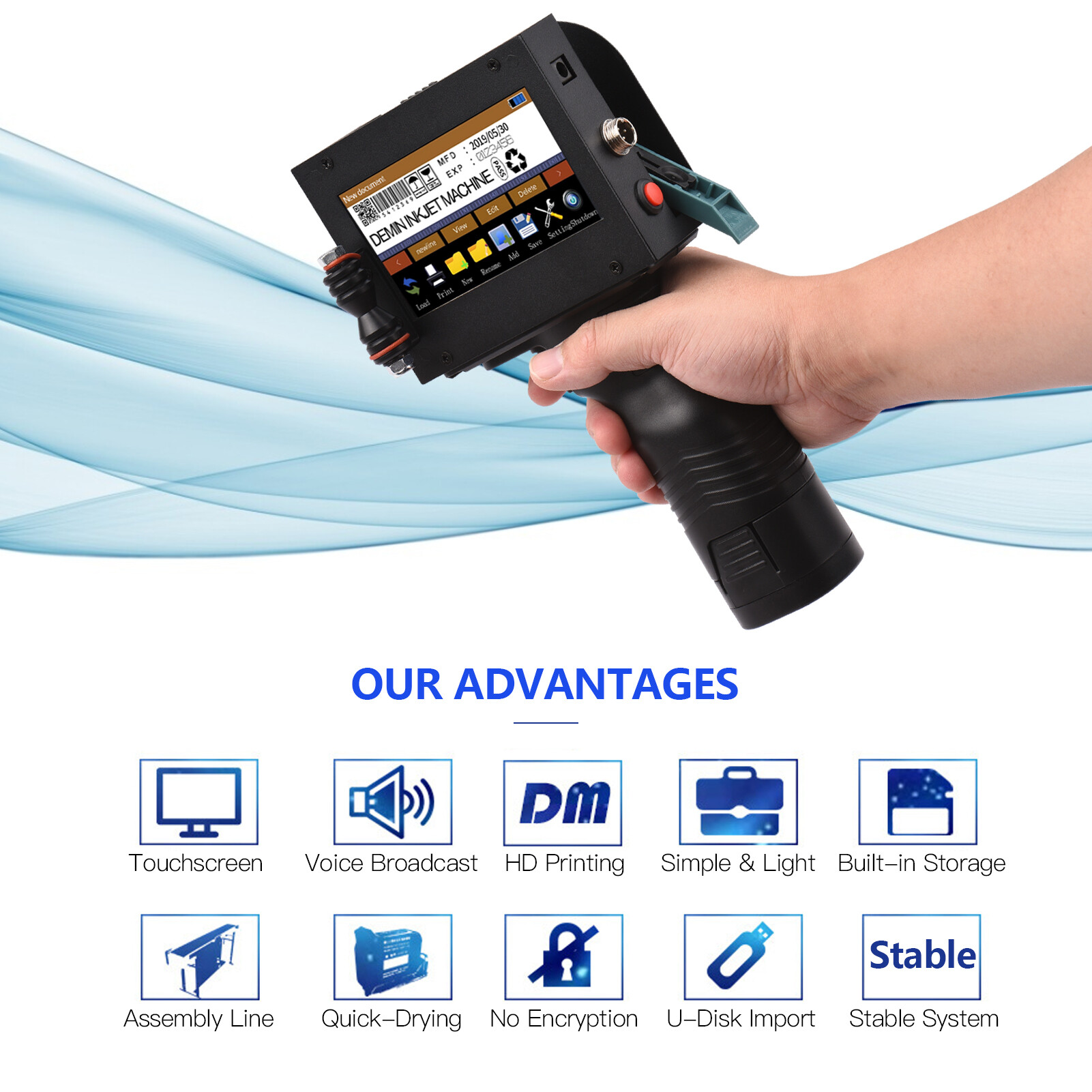 KKmoon Handheld Printer Portable Inkjet Printer High Definition Inkjet Code Printer with 4.3 Inch LED Touchscreen Quick-Drying Ink Cartridge for Label/Production Date/Barcode/Trademark/Logo/Graphic