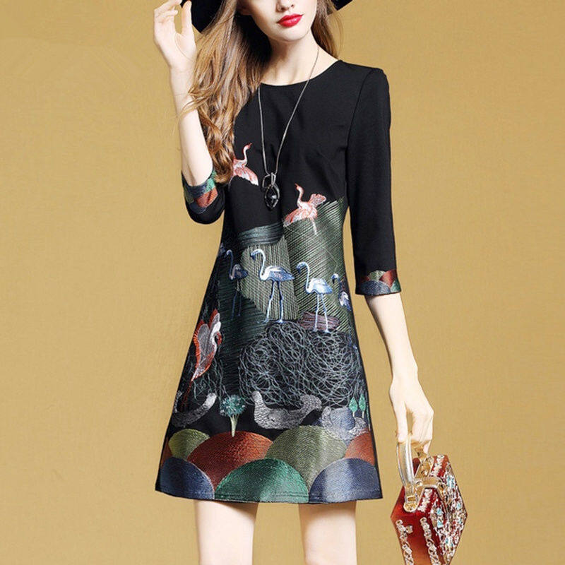 2023 new autumn new seven -point sleeve fake two dress two long embroidered skirts female