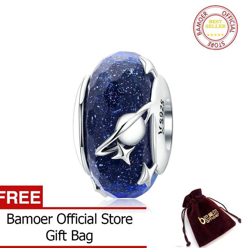 BAMOER Nighty Sky Murano Glass Beads for Women 925 Sterling Silver Galaxy Star Charm fit Original Silver Snake Bracelet SCC1284