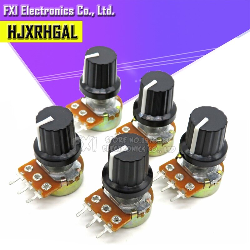 5sets 5pcs+5pcs wh148 b1k ~ b1m ohm 1k 2k 5k 10k 20k 3pin 15mm 10k 3 terminal linear taper rotary potentiometer for arduino