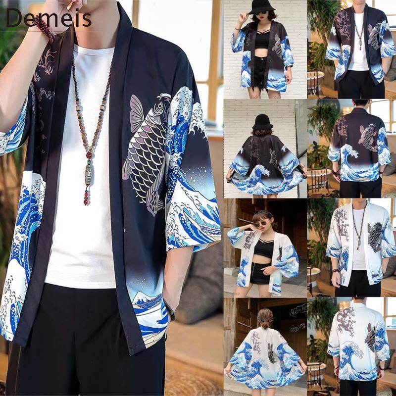 Demeis Shirts Men Women Robe Kimono Cardigan Large Size Middle Sleeve Loose Tops Couple Casual Blouses