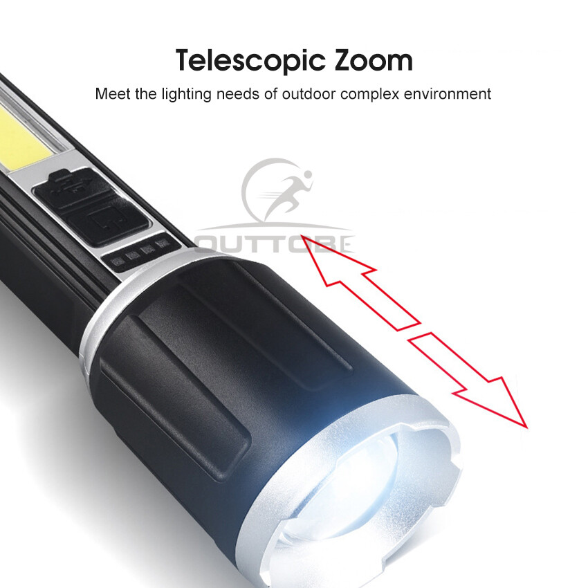 Outtobe Flashlight T6 Multifunctional Flashlight Super Bright LED Mini Portable Zoom Flashlight Strong Light COB Light Waterproof Outdoor Flashlight Four Modes Long Illumination Outdoor Fishing Camping Repairing