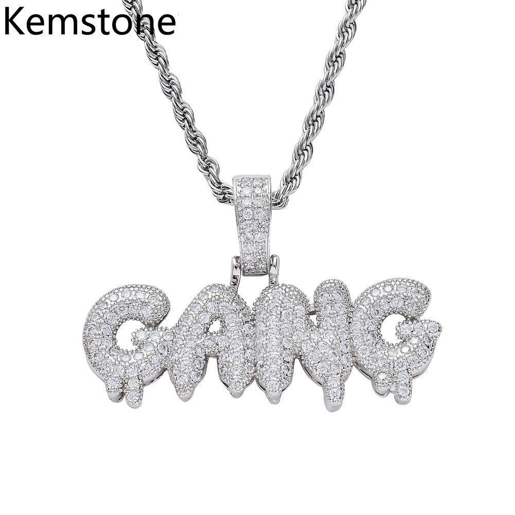 Kemstone Hip Hop Zircon Gold Silver Plated Copper GANG Letter Pendant Necklace Jewelry Gift for Men