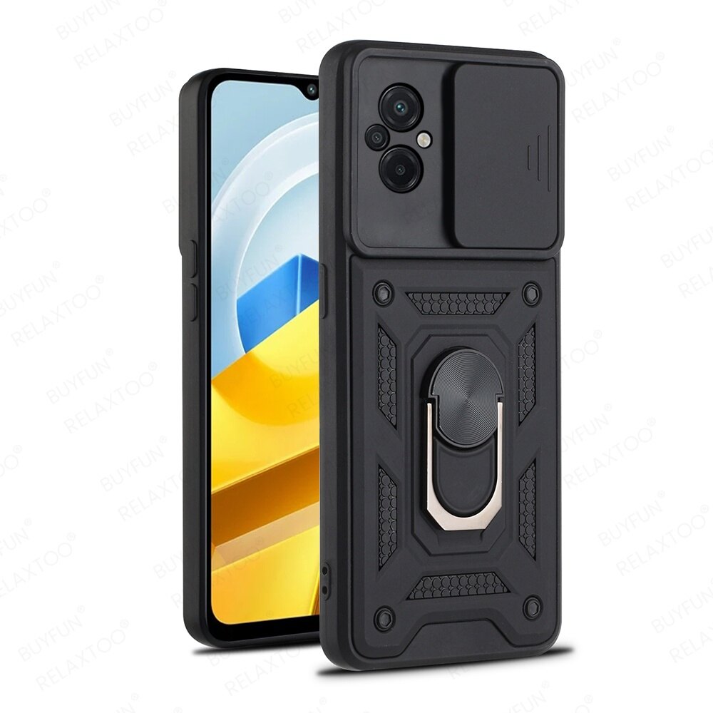 For Xiaomi Poco M5 M5s PocoM5 Shockproof Armor Phone Case Business Push Pull Camera Protection Case With Metal Ring Holder Bracket Hard Back Cover casing