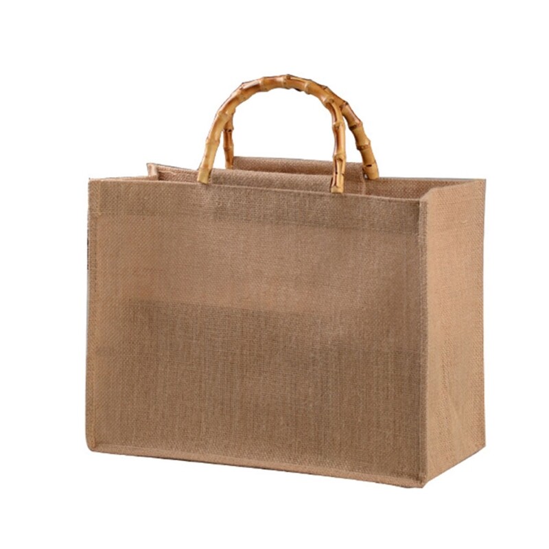 Portable Burlap Jute Shopping Bag Handbag Bamboo Loop Handles Reusable Tote Grocery Bags