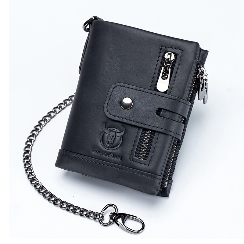 BULLCAPTAIN RFID Genuine Leather Men Wallet Coin Purse Small Mini Card Holder Chain Male Walet Pocket