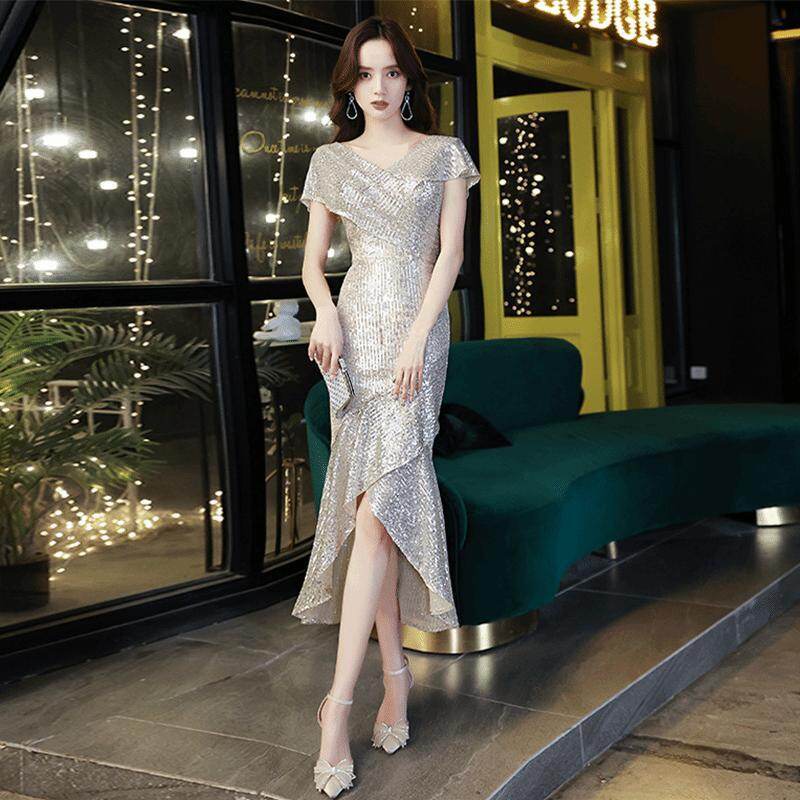Airuchu Evening Dresses Female Champagne Color Elegant Celebrity Awards Host Dress