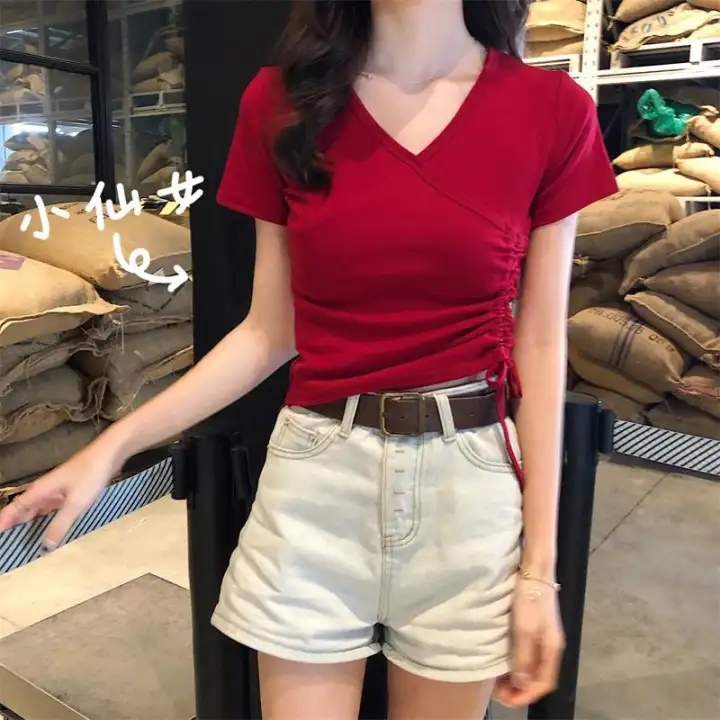 IELGY Personality V-neck drawstring short-sleeved T-shirt women