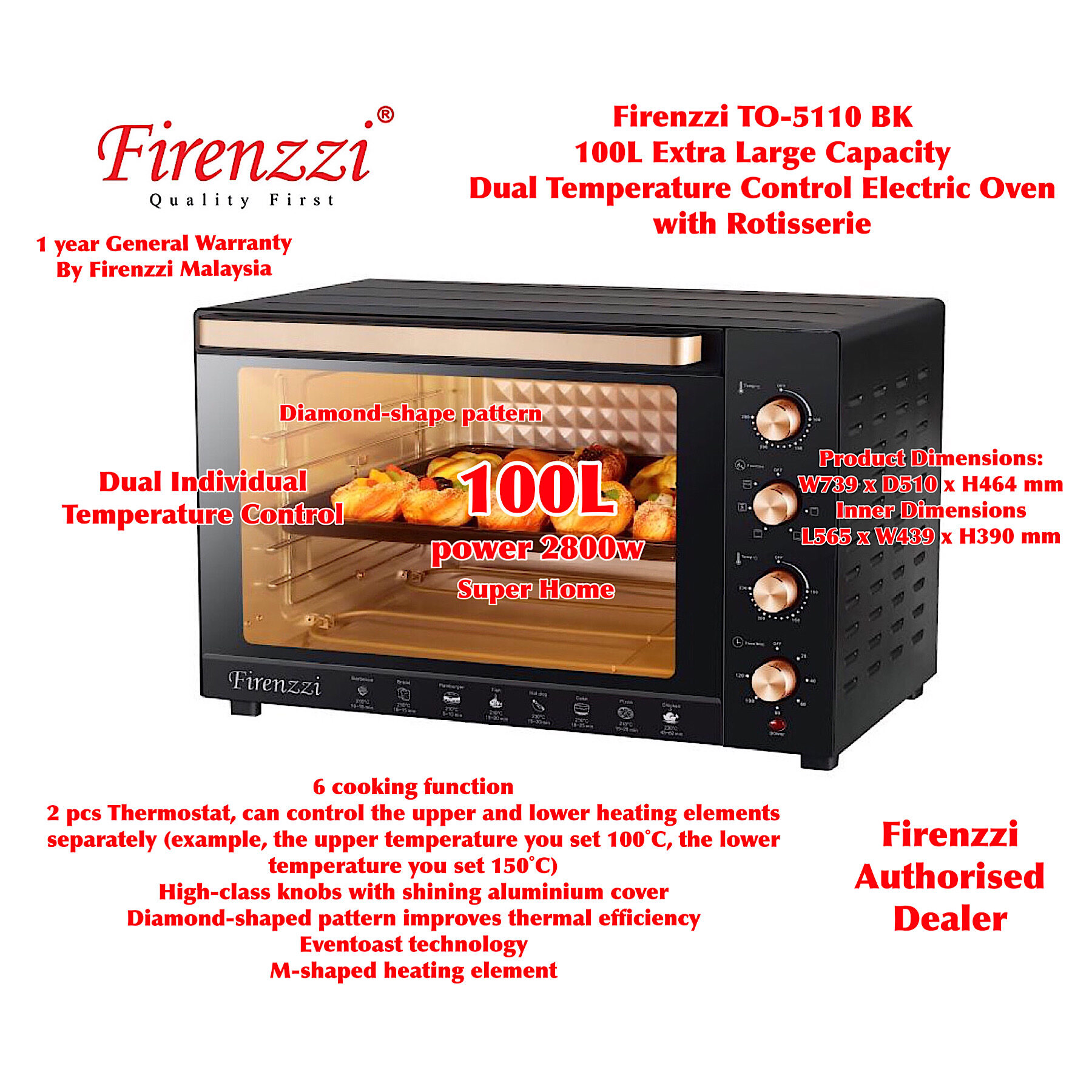 Firenzzi Electric Oven TO5110 BK (100L) TO3060 BK (60L) TO3050 BK